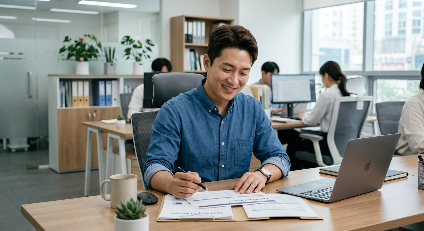 깔끔하게 정돈된 오피스에서 안심하며 서류를 검토하는 30대 남성 직장인의 정면 모습