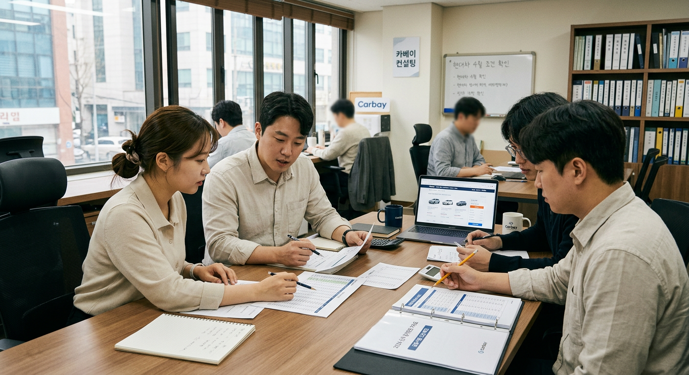 쾌적하고 전문적인 카베이 오피스에서 컨설턴트들이 다양한 금융사 조건을 분석하고 있는 모습