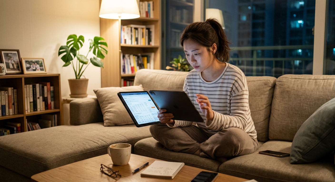 30대 직장인이 거실 소파에 앉아 태블릿 PC를 보며 다양한 렌트사의 장기렌트 조건들을 신중하게 대조하고 있는 모습