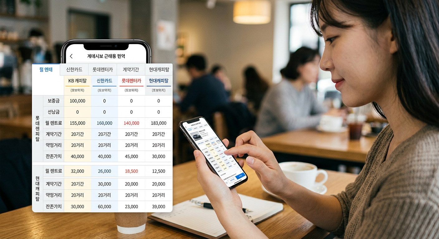 스마트폰 앱 화면에서 여러 캐피탈사의 제네시스 G80 장기렌트 및 리스 견적 조건이 한눈에 일목요연하게 비교되는 화면