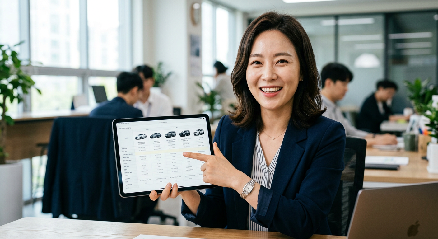 태블릿 PC의 신차 견적 비교 화면을 가리키며 밝게 웃고 있는 마케팅 전문가의 모습