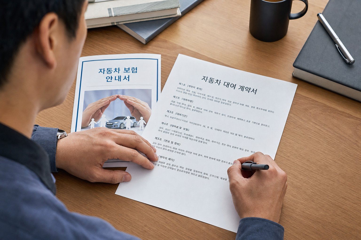 책상 위에 놓인 자동차 대여 계약서와 보험 안내서를 진지하게 검토하는 마케터의 손길 장기렌트 운전경력인정