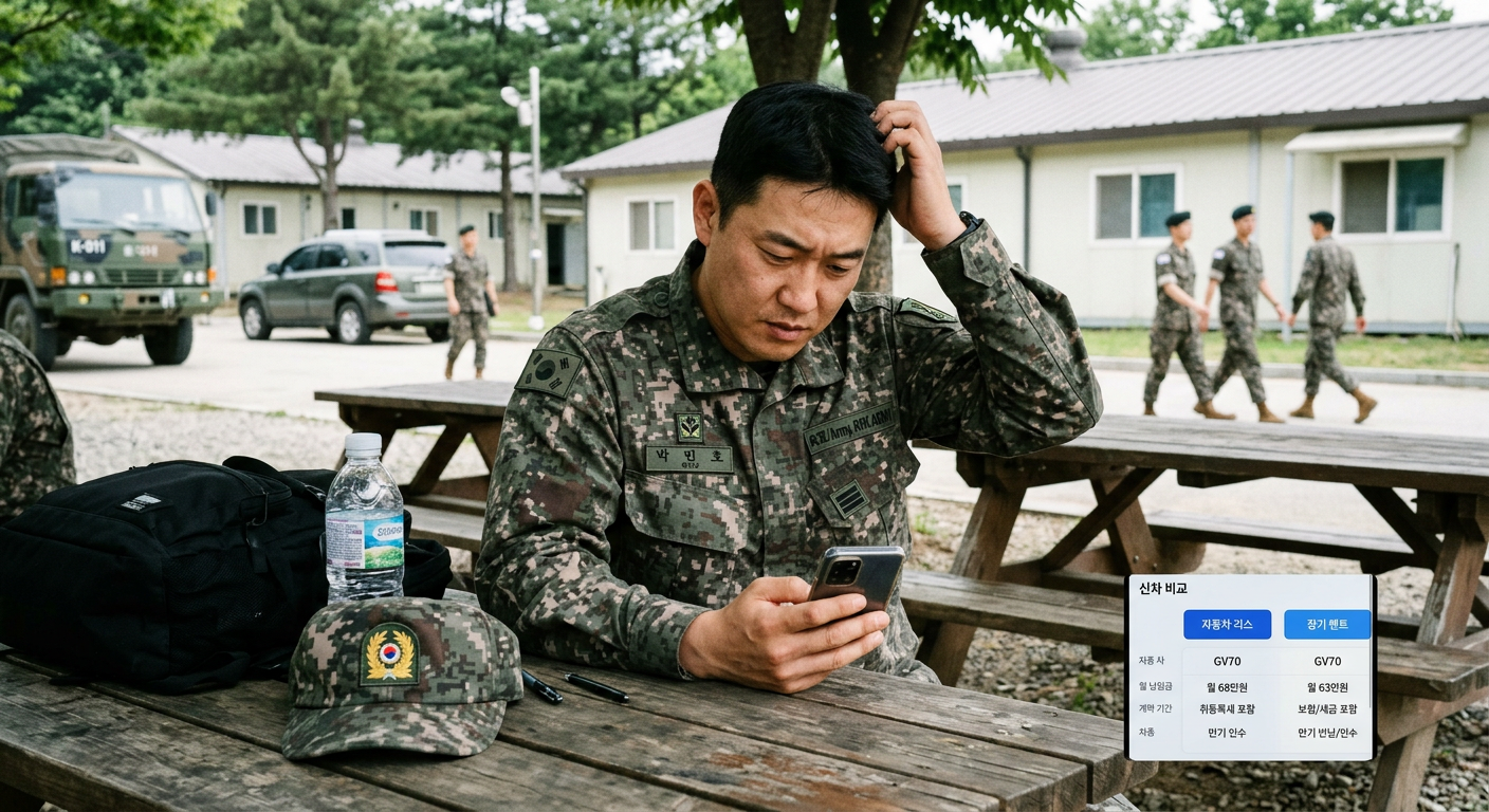 40대 군인 남성이 스마트폰으로 신차 자동차리스와 장기렌트 견적을 비교하며 고민하는 모습 군인 장기렌트 혜택