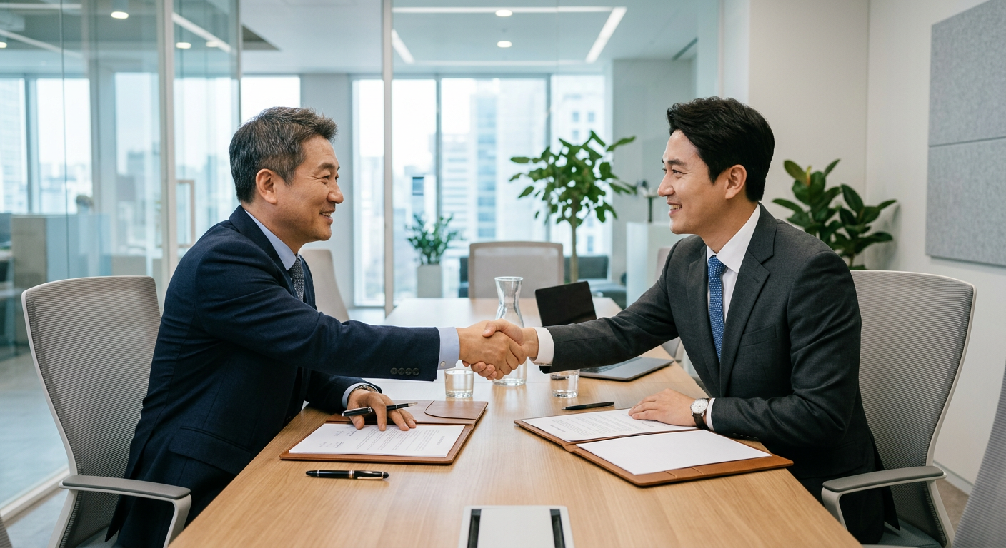 계약을 긍정적으로 검토하며 악수를 나누는 두 사람의 신뢰감 있는 비주얼, 밝고 깨끗한 미팅룸 배경 무심사 장기렌트카