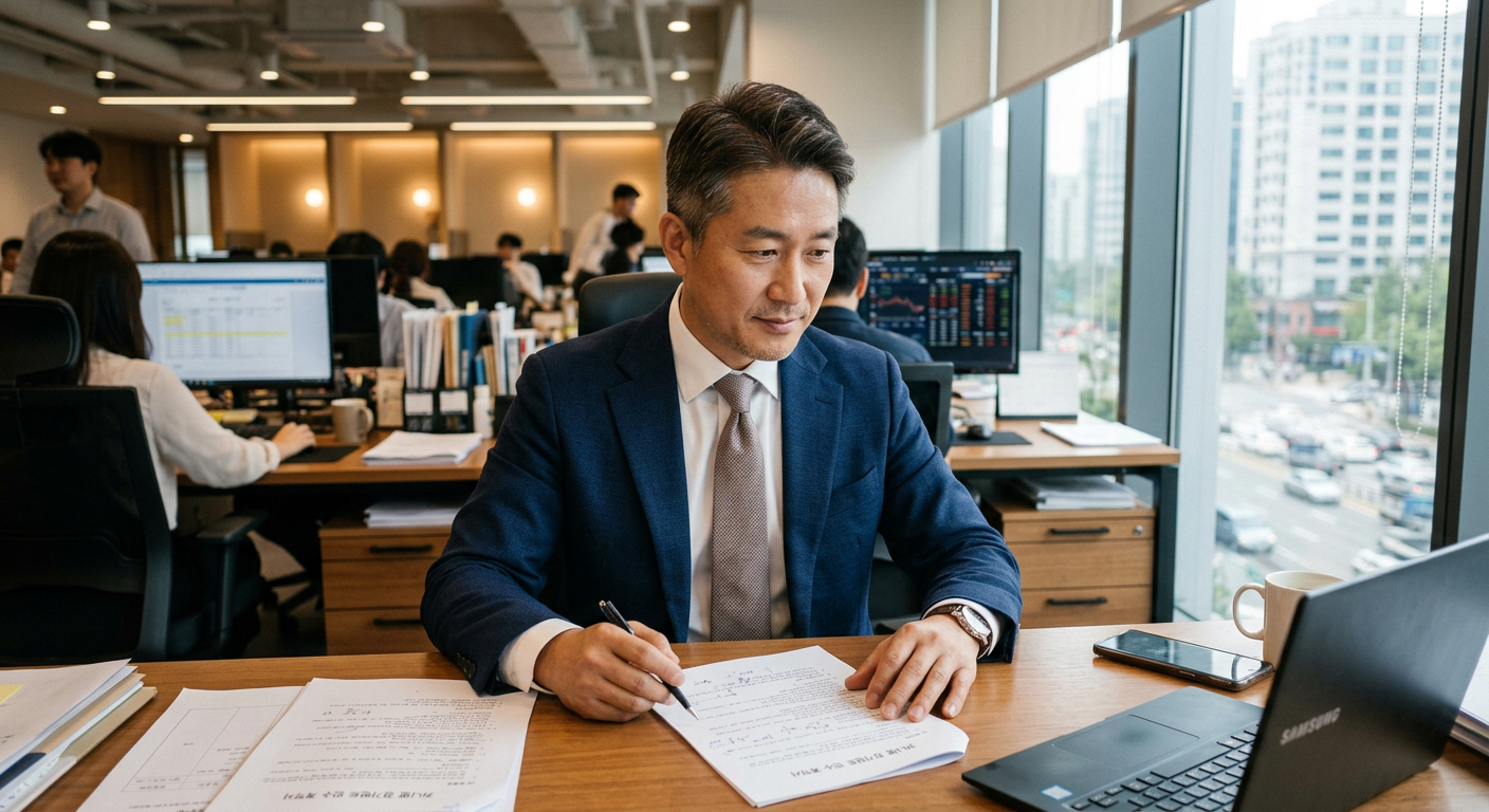 현대적인 사무실에서 카니발 장기렌트 인수 계약서를 분석하고 있는 13년차 자산 관리 전문가의 모습