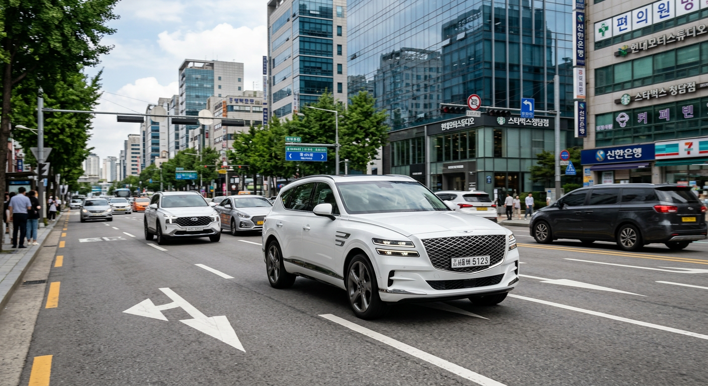 도심 빌딩 도로를 주행하는 제네시스 GV80 전면부 외관 제네시스 GV80 장기렌트