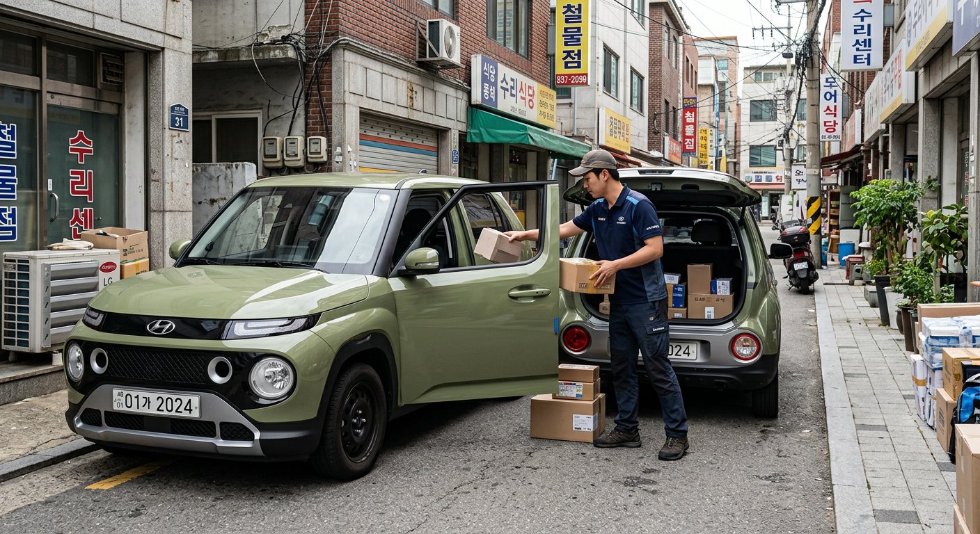 현대자동차 캐스퍼 밴 모델이 도심 골목길에 정차해 있고, 운전석 문이 열려 물품 배송을 준비하는 주간 전경 캐스퍼 장기렌트 배달·라이더용,