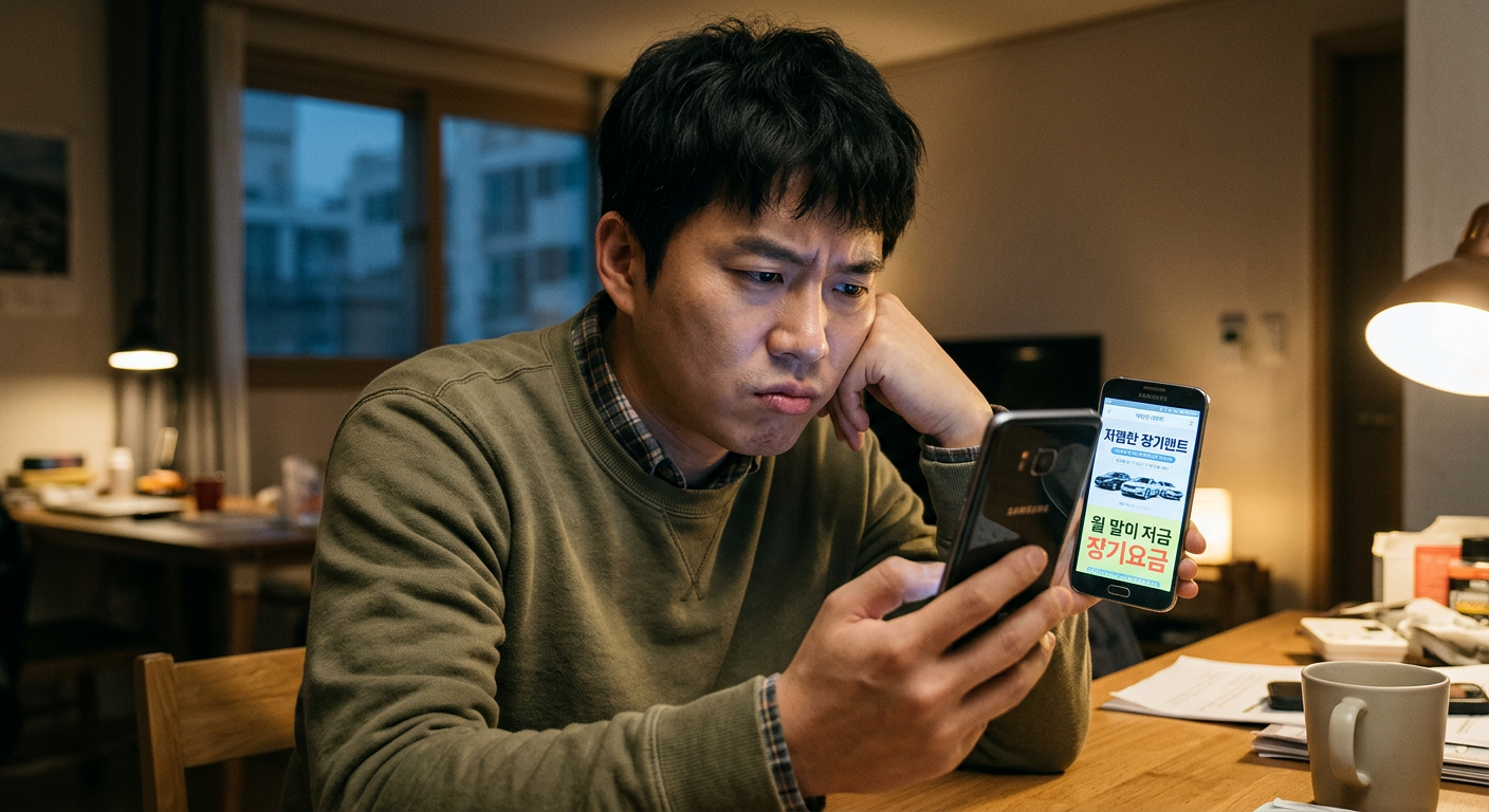 스마트폰 화면의 저렴한 장기렌트 광고를 보며 의심스러운 표정으로 고민하는 30대 남성의 모습 장기렌트 선납금 조건