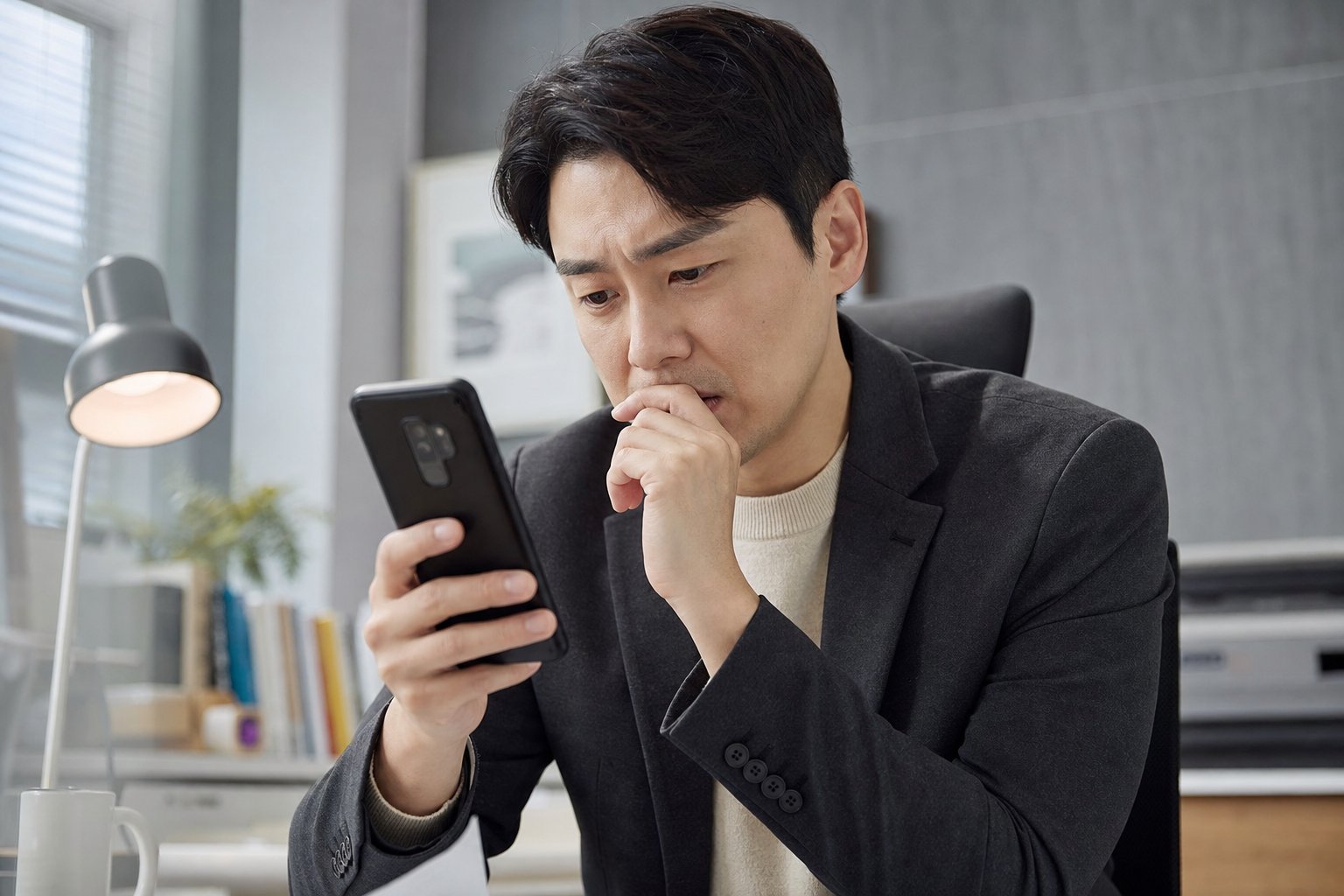 30대 직장인이 걱정스러운 표정으로 스마트폰의 신용점수 화면을 조회하는 모습 장기렌트 인수 대출