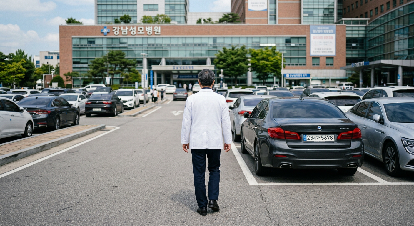 대형 병원 주차장에 주차된 수입 세단과 의사 가운을 입은 전문의의 뒷모습 의사 수입차 리스