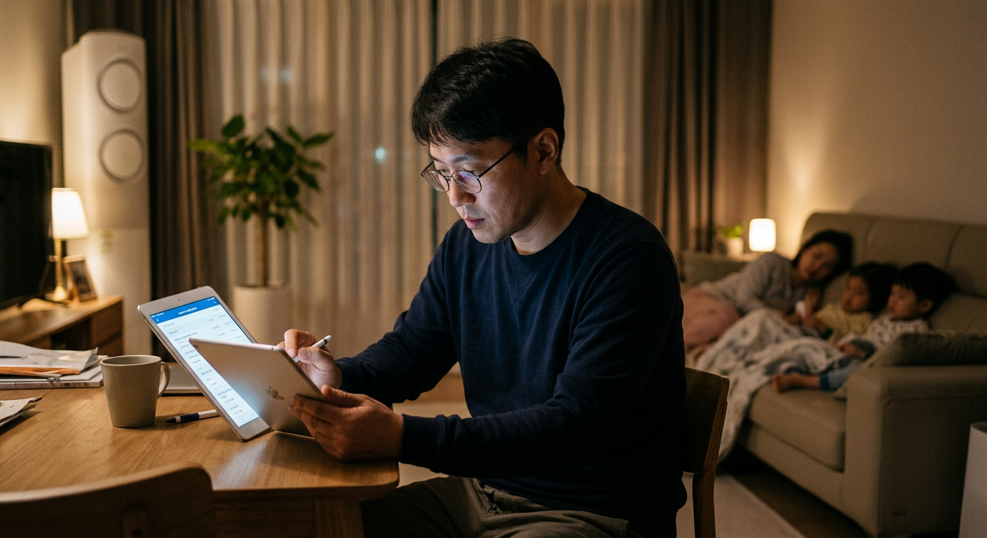 40대 남성이 거실에서 가족들이 잠든 밤, 태블릿 PC로 쏘렌토 하이브리드 장기렌트 견적서를 꼼꼼히 비교 분석하는 모습 장기렌트 비교견적 팁