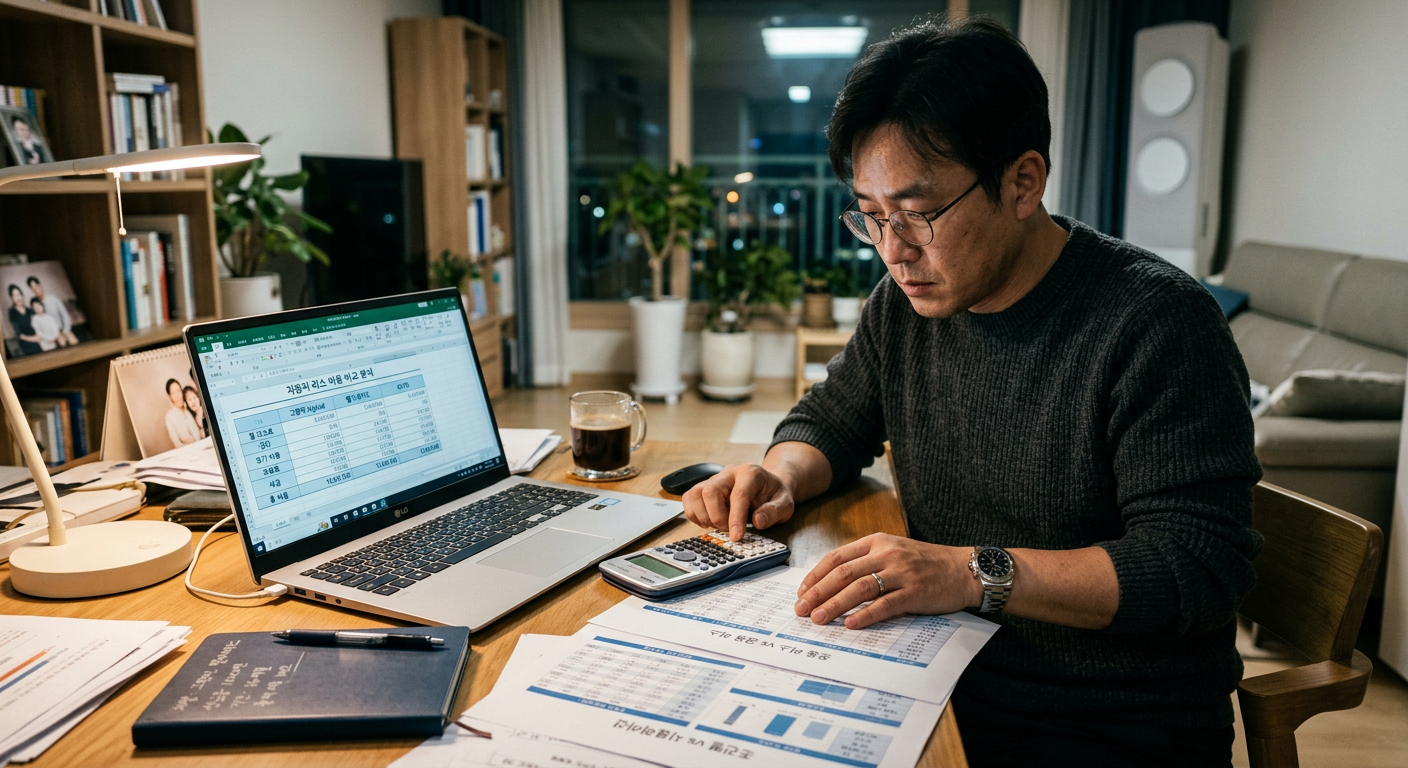 40대 남성이 거실 테이블에서 노트북과 계산기를 활용해 자동차 리스 비용을 꼼꼼히 비교 분석하는 모습 K8리스 견적비교