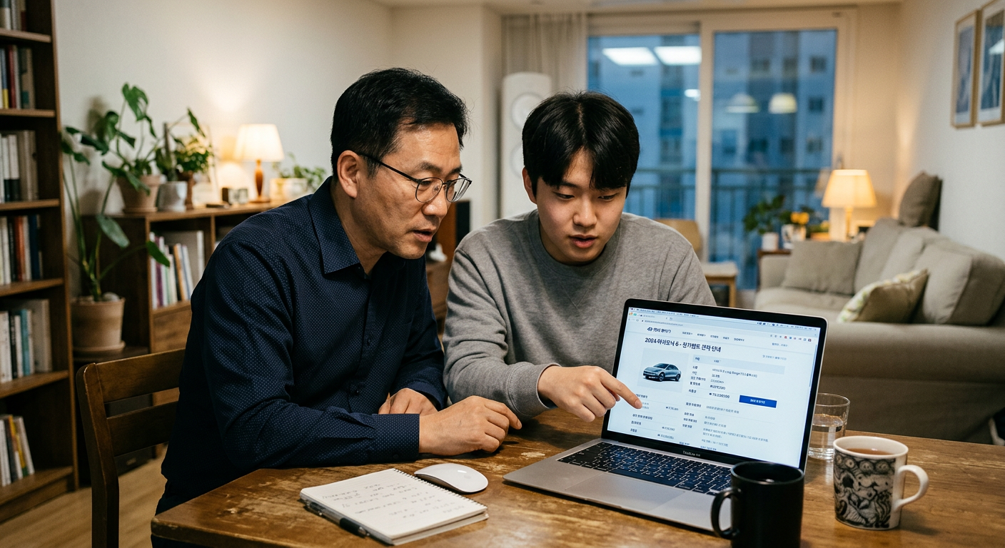 40대 아버지가 20대 사회초년생 아들과 함께 거실 테이블에서 노트북 화면의 장기렌트 견적을 신중하게 검토하는 모습 만 21세 장기렌트
