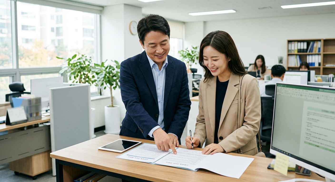 신용회복 장기렌트 계약을 위해 상담사와 직장인 고객이 밝은 표정으로 서류를 보며 이야기를 나누는 상담 전경 신용회복 장기렌트카