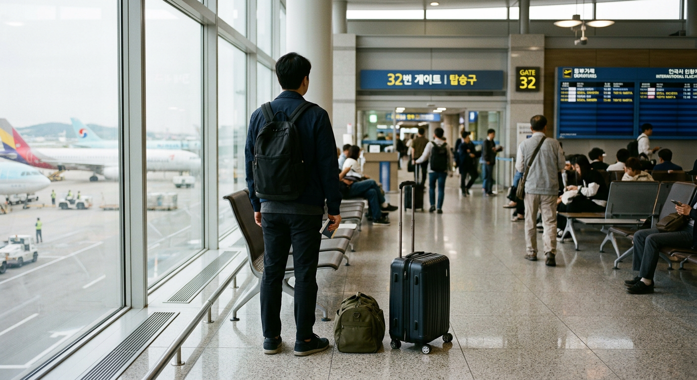 공항 출국장에서 여행용 가방을 곁에 두고 먼 곳을 바라보는 30대 남성의 뒷모습 장기렌트 승계 지원금