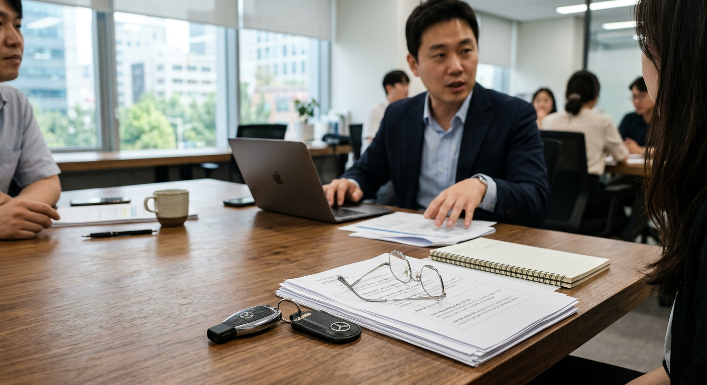 서류가 놓인 회의실 탁자 위에 놓인 자동차 키와 안경 법인차량 리스 비용처리