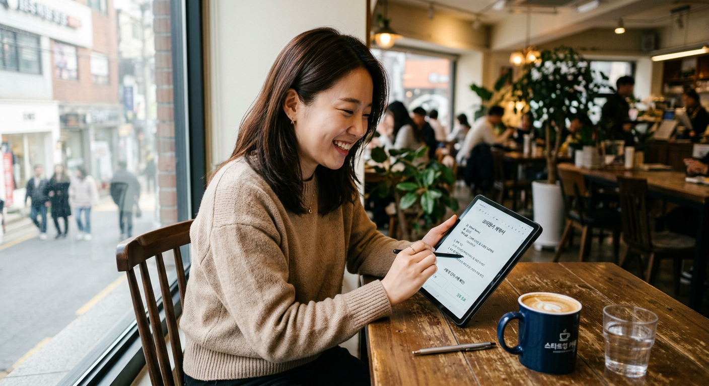 카페에서 스마트 패드로 계약서를 검토하며 미소 짓고 있는 프리랜서 프리랜서의 모습 프리랜서 장기렌트 승인