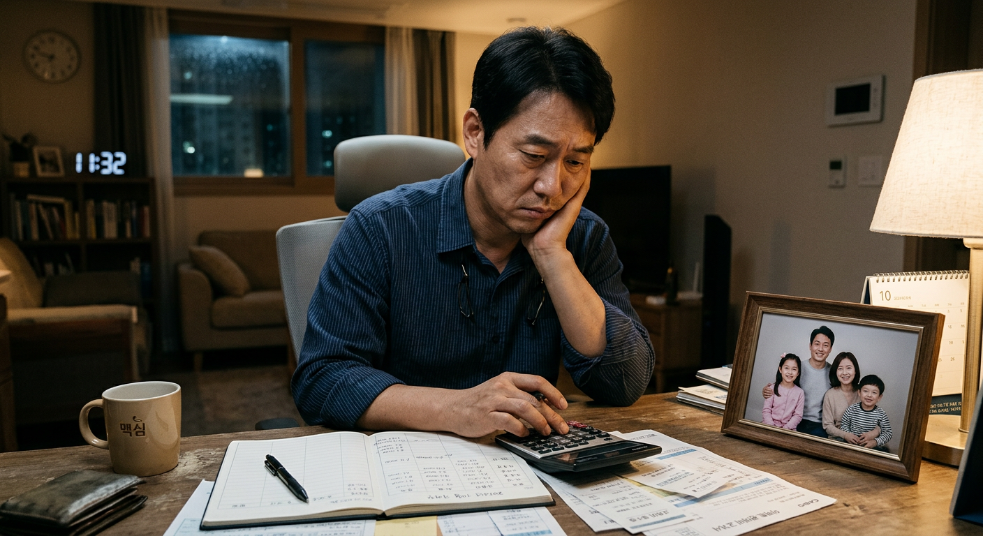 40대 남성이 늦은 저녁 가족사진이 놓인 책상 앞에서 계산기를 두드리며 고민에 잠긴 모습 **신용등급 7등급 이하