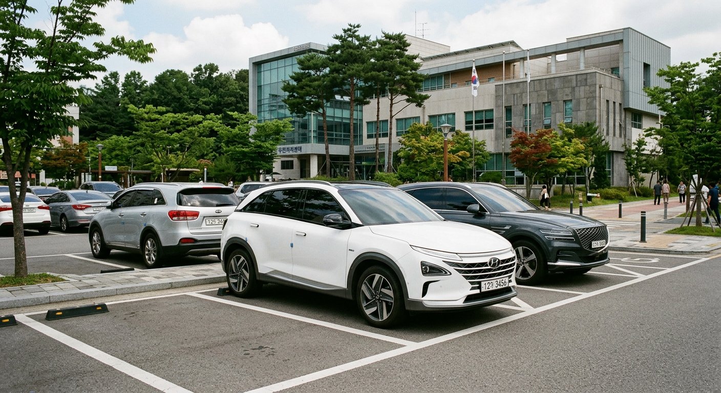 현대자동차 넥쏘(NEXO) 차량이 깔끔하게 정돈된 공공기관 주차장에 주차되어 있는 전면 45도 뷰 넥쏘 장기렌트 보조금