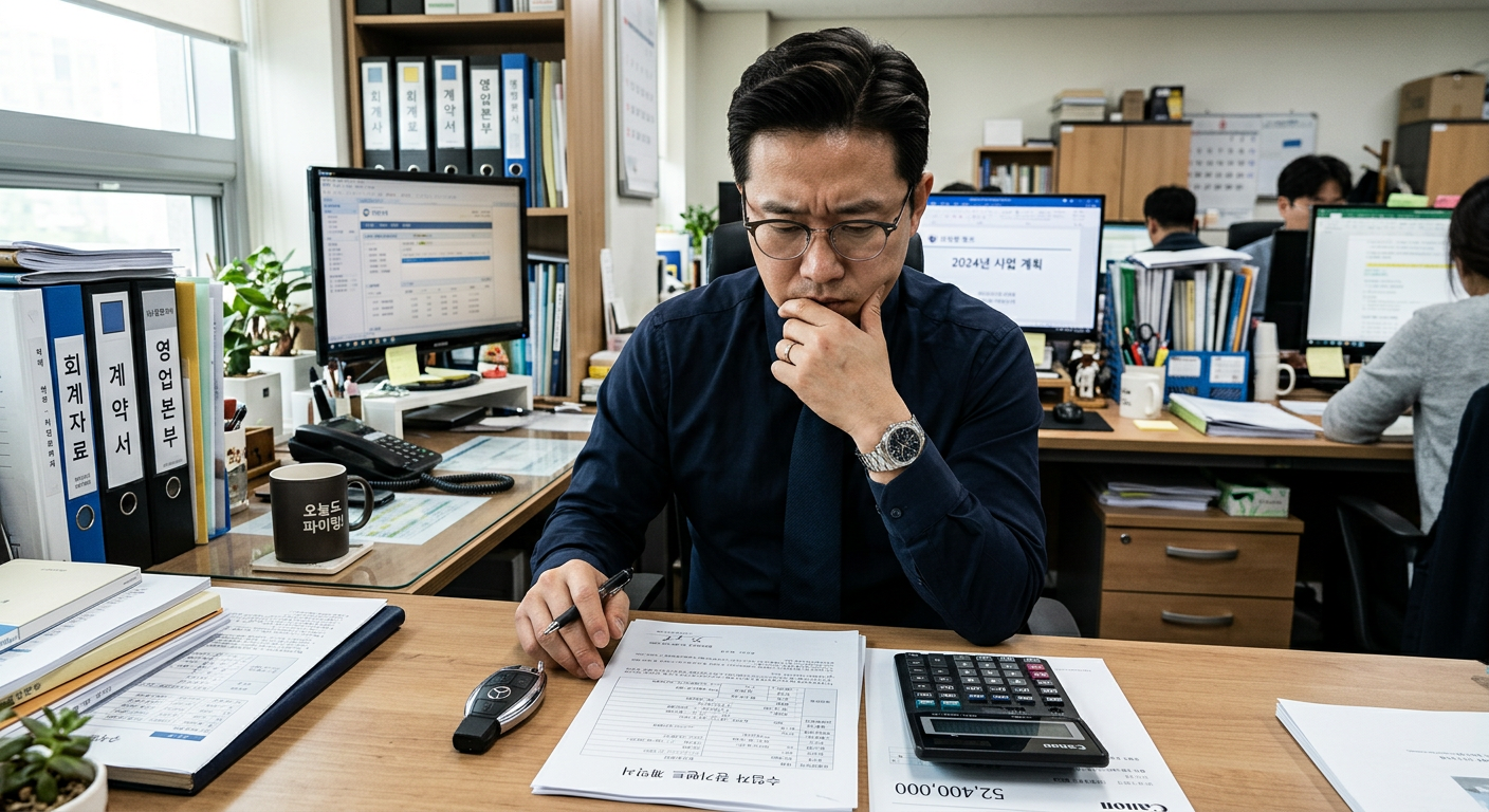 사무실 책상 위에서 수입 세단 차량 열쇠와 장기렌트 계약서, 계산기를 나란히 두고 심각하게 고민하는 40대 개인사업자 대표의 모습 장기렌트 승계 지원금