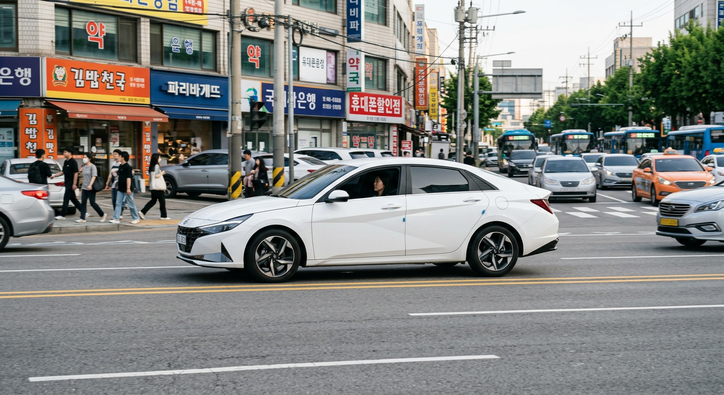 한국 도심 도로를 부드럽게 주행하는 현대 아반떼 신형 모델의 측면 뷰 외국인 장기렌트