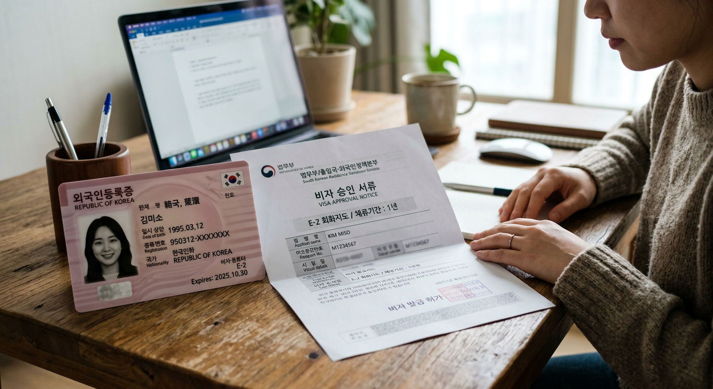 외국인등록증과 비자 승인 서류가 책상 위에 놓여 있는 모습