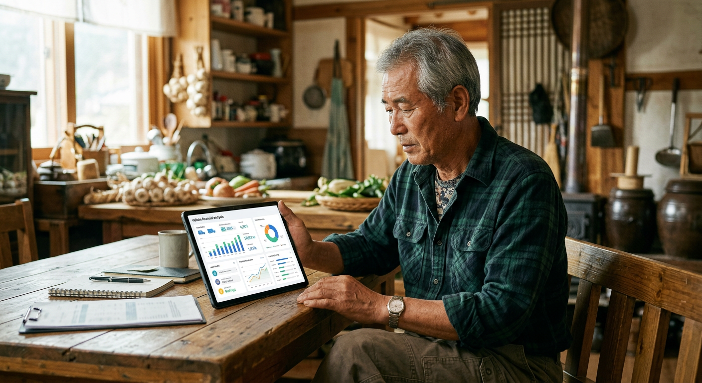 태블릿 PC 화면에 표시된 깔끔한 차량 금융 분석 대시보드를 검토하는 영농가