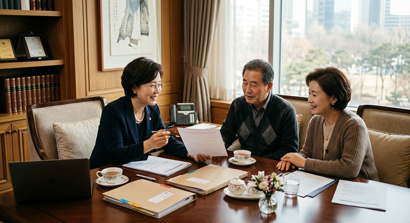 고급스러운 응접실에서 세무 전문가와 은퇴 부부가 편안한 분위기 속에서 상담을 진행하는 모습