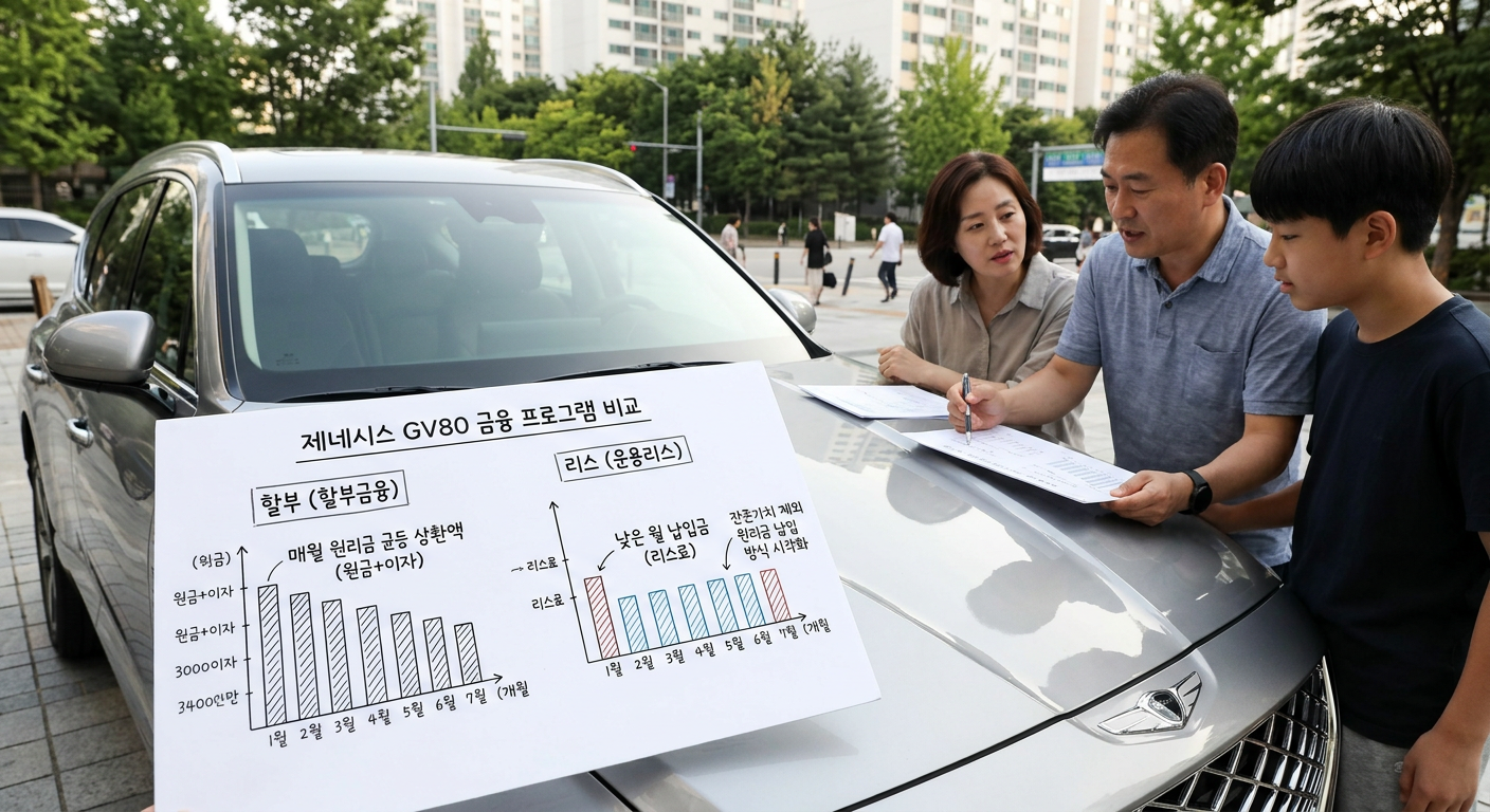 GV80 구매 시 할부와 리스의 금융 구조 비교 도식 (잔존가치 제외 원리금 납입 방식 시각화)