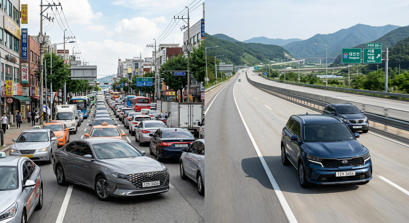 도심 위주 주행과 고속도로 장거리 주행 시 하이브리드와 디젤의 연비 효율 비교 차트