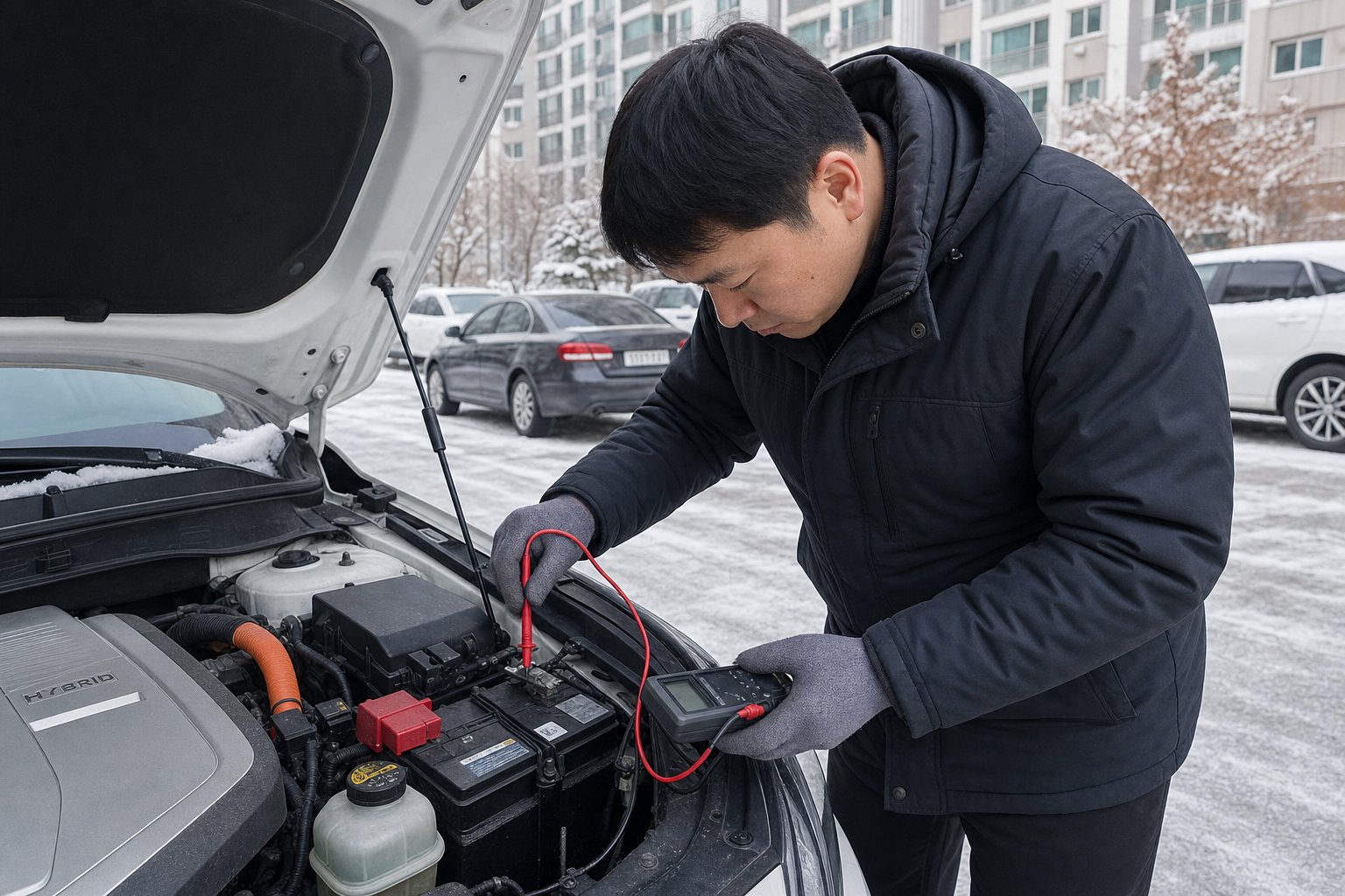 겨울철 아파트 야외 주차장에 주차된 하이브리드 차량의 보닛을 열고 12V 보조 배터리 상태를 전압계로 측정하는 정비사의 모습