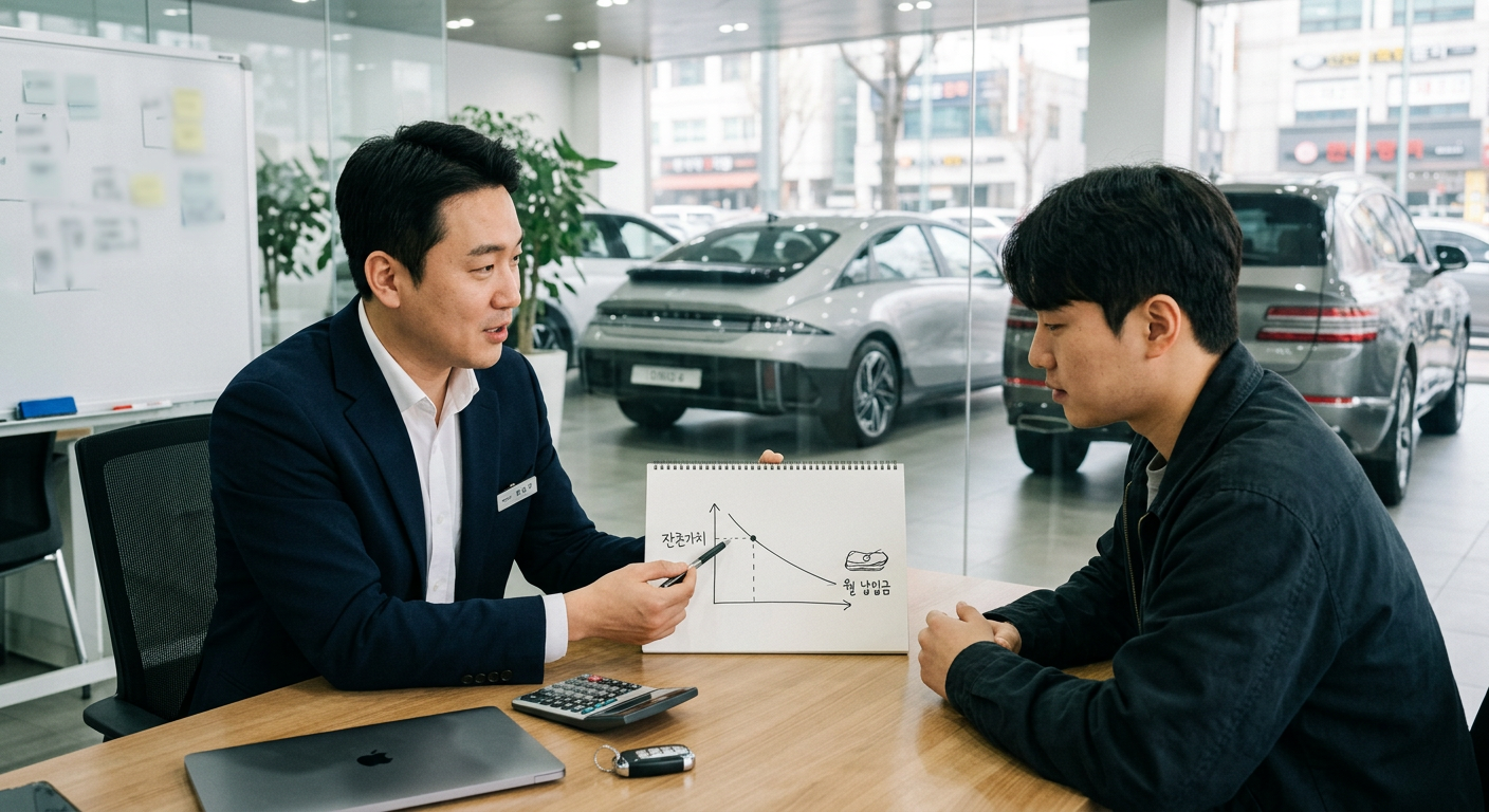 자동차 금융 잔존가치와 월 납입금의 상관관계를 설명하는 도식 디자인