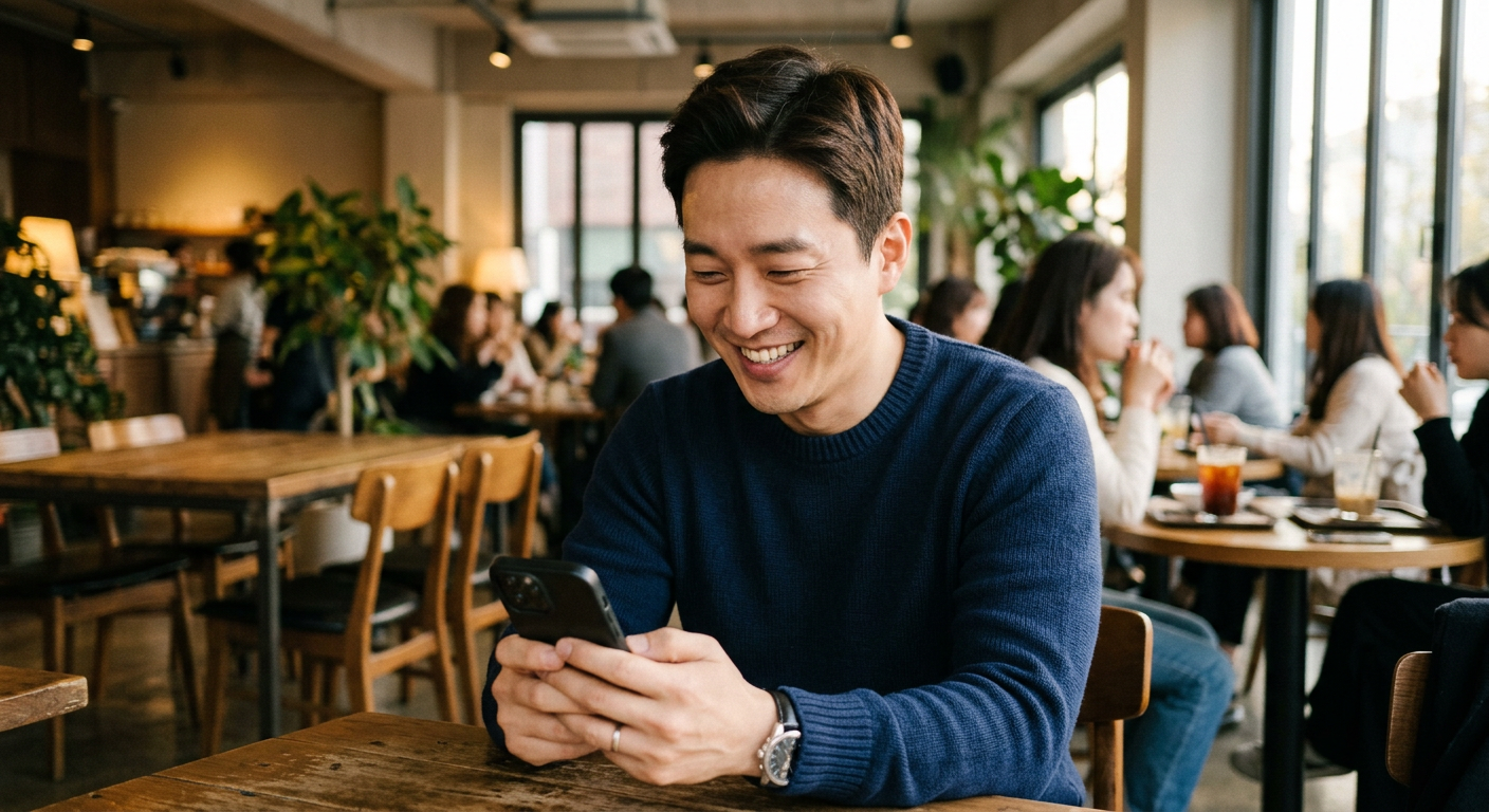 스마트폰 화면으로 자동차 견적서와 인도 일정을 확인하며 미소 짓는 30대 남성의 모습