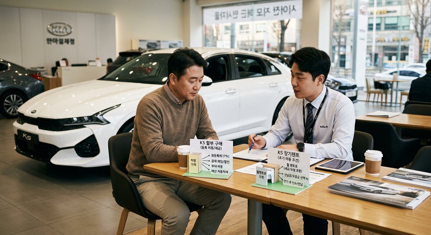 K5 할부 구매 시 발생하는 취등록세/자동차세와 장기렌트의 초기 비용 조건 비교 도식