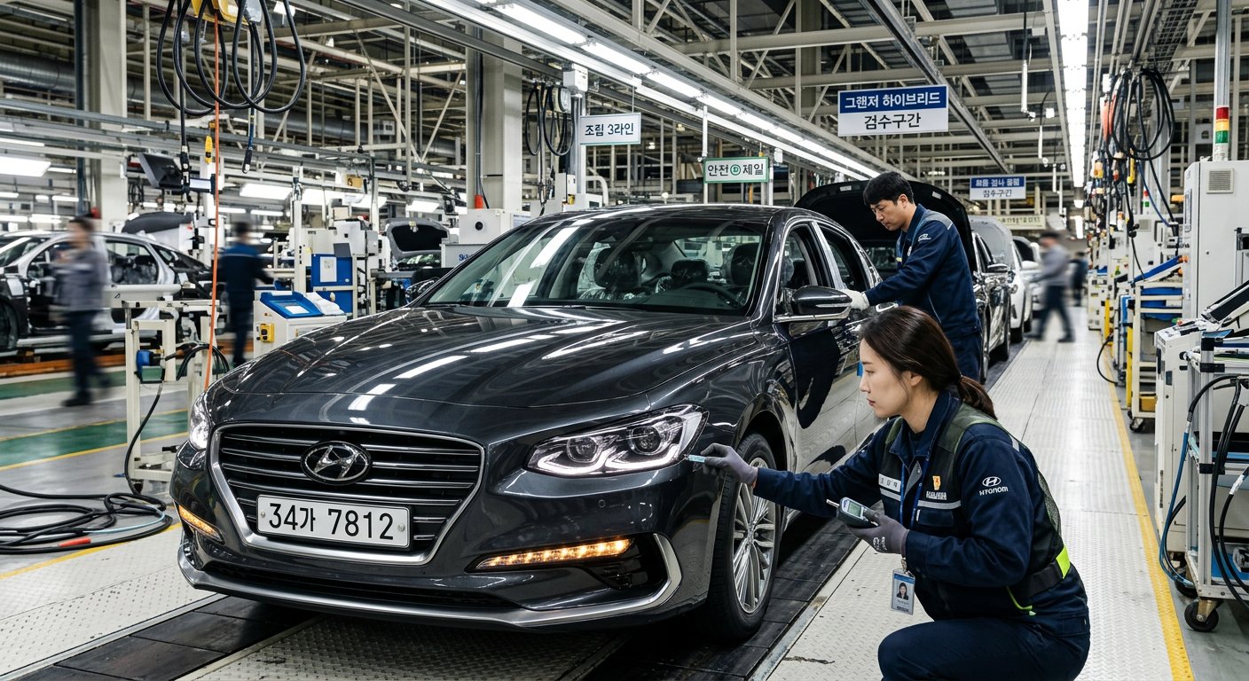 현대자동차 공장 조립 라인에서 정밀 검수를 거치고 있는 그랜저 하이브리드 생산 공정