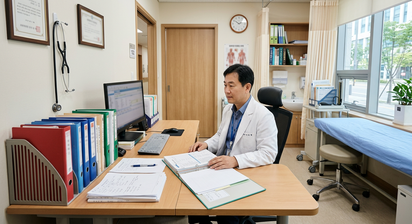 깔끔하게 정리된 병원 진료실 내부와 책상 위의 서류철