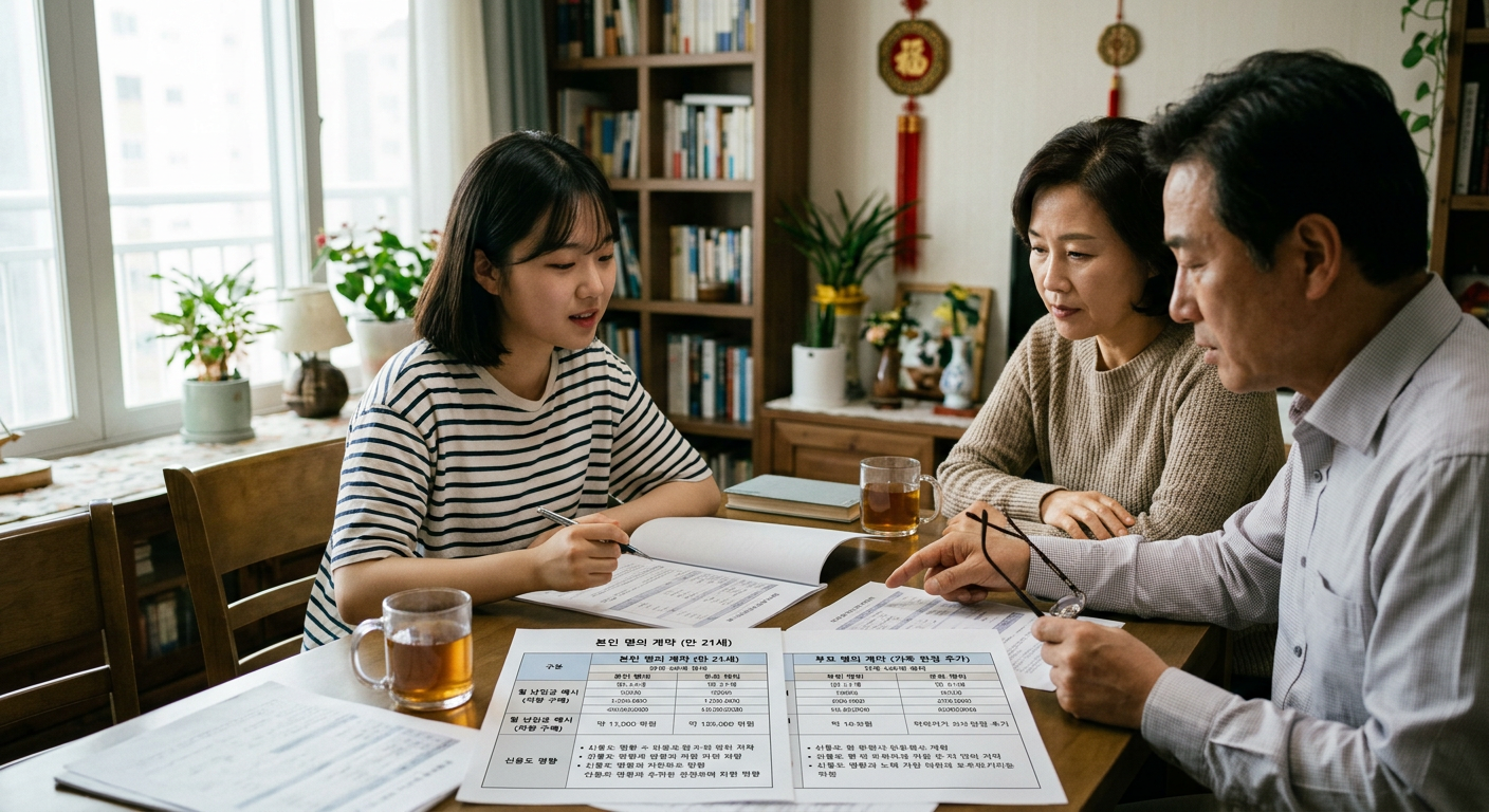 만 21세 본인 명의 계약 vs 부모 명의(가족 한정 추가) 계약 시 월 납입금 및 신용도 영향 비교표