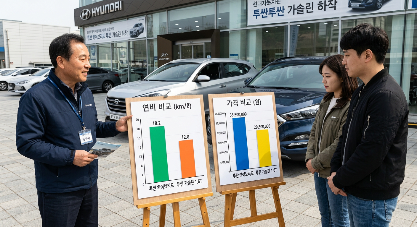 투싼 하이브리드와 가솔린 모델의 연비 및 차량 기본 가격 비교 막대그래프