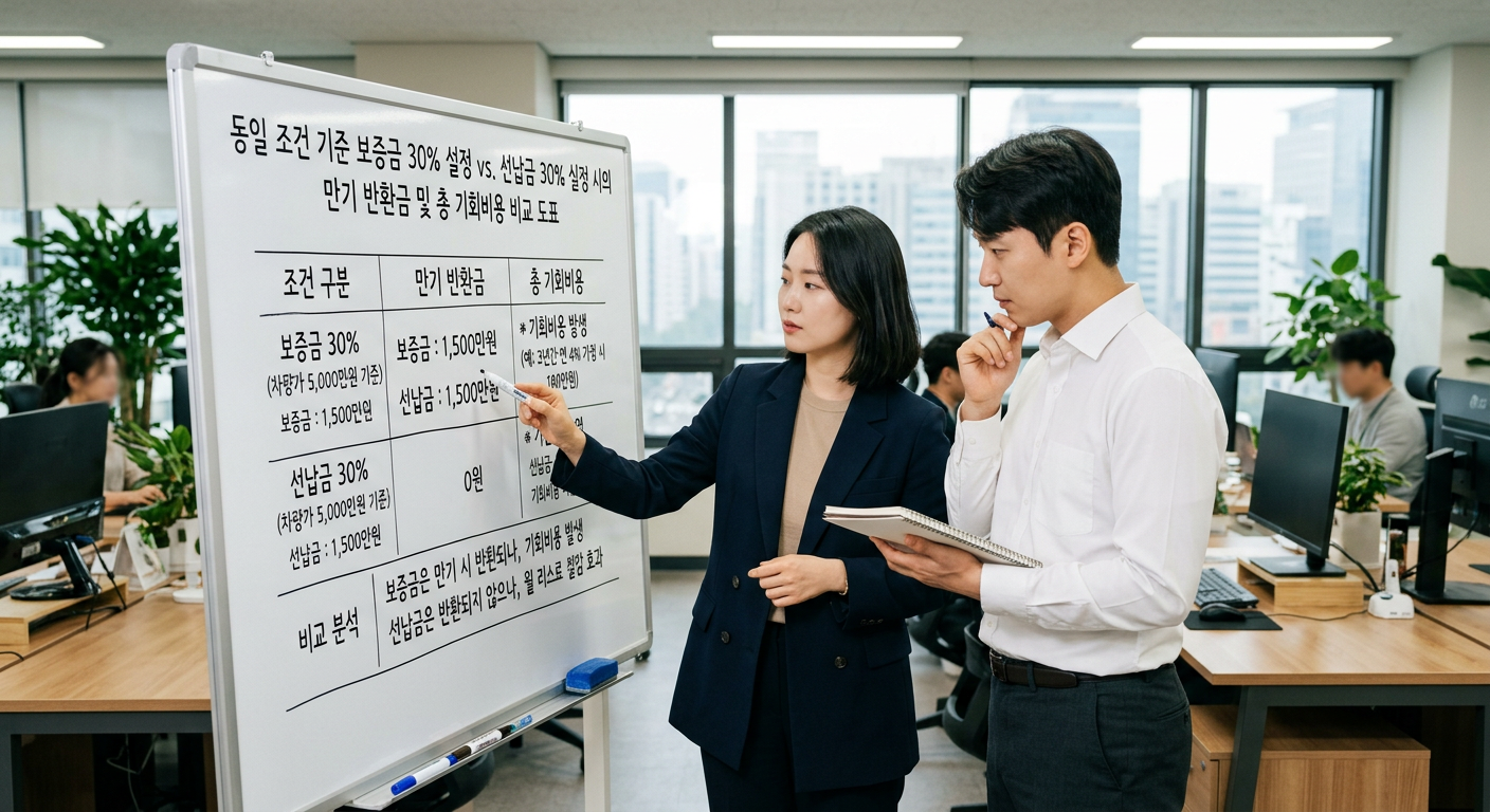 동일 조건 기준 보증금 30% 설정 시와 선납금 30% 설정 시의 만기 반환금 및 총 기회비용 비교 도표