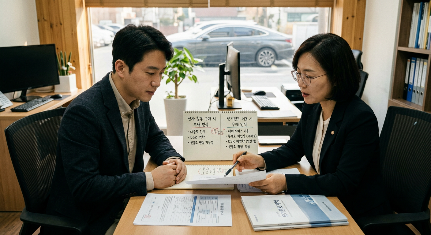 신차 할부 구매 시와 장기렌트 이용 시 개인 신용도 및 부채 인식 차이 비교도