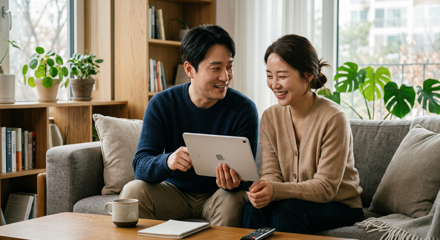 30대 부부가 태블릿 PC를 보며 셀토스와 투싼의 실내 공간 전폭 차이에 대해 미소 지으며 대화하는 모습