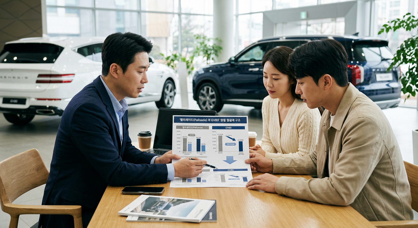 팰리세이드와 GV80의 신차 가격 대비 잔존가치 평가 비율 및 월 납입금 산정 구조를 보여주는 비교 도표