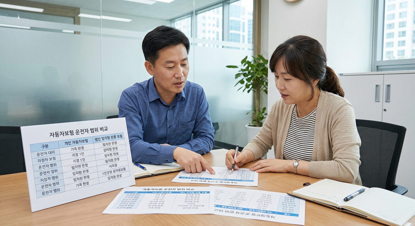 일반 자동차보험과 법인 임직원 전용 보험의 운전자 범위 비교 도표