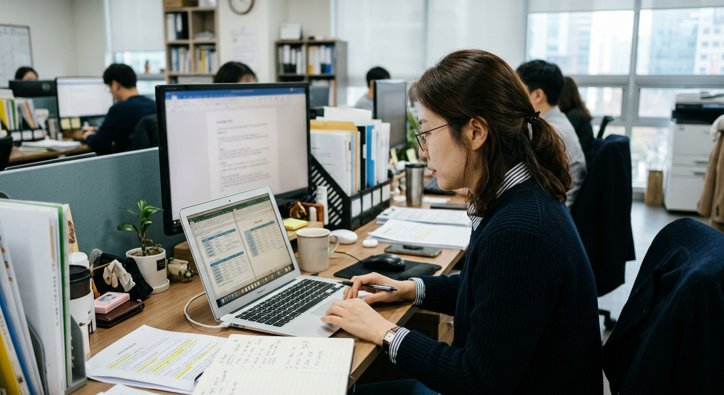 30대 직장인이 사무실 자리에서 노트북으로 장기렌트 계약 조건의 세부 항목들을 비교 분석하는 모습