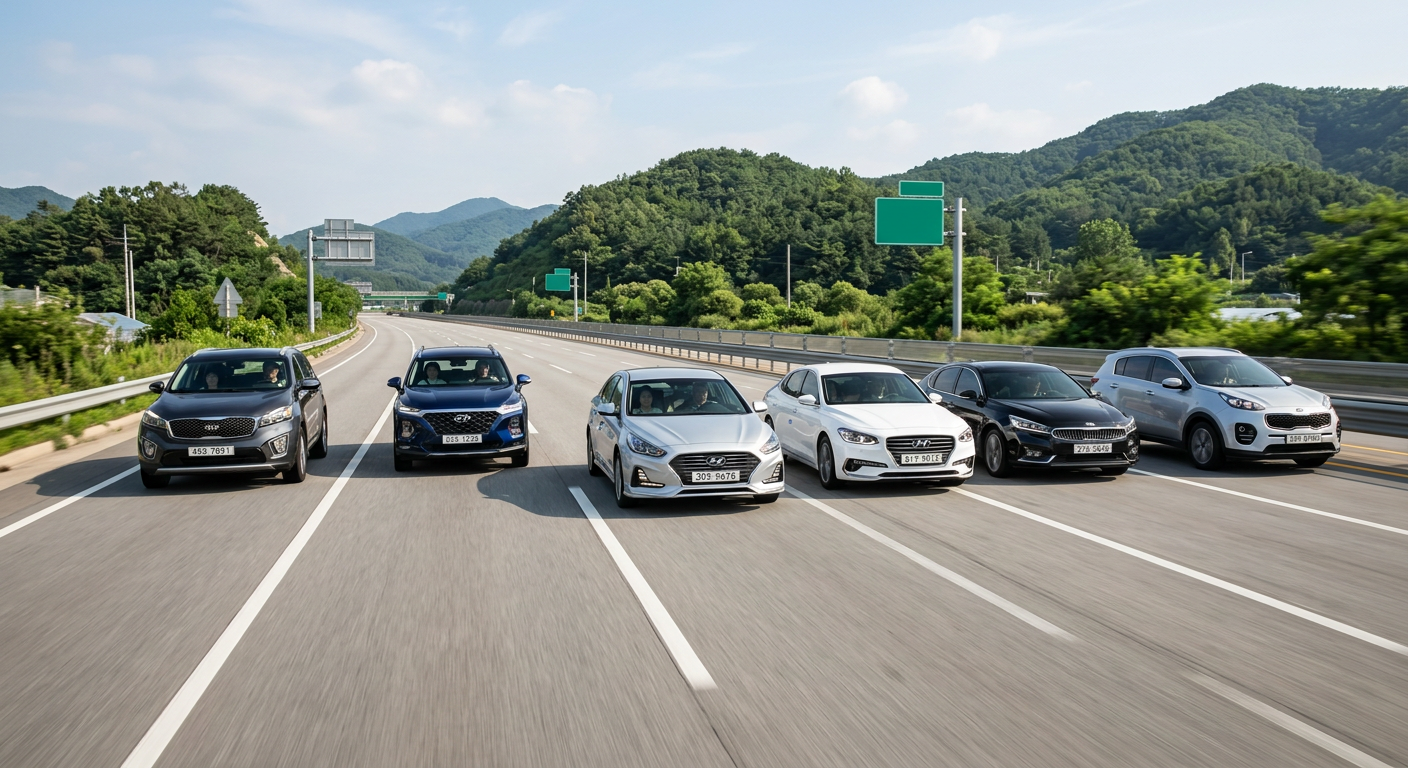 도로 위를 나란히 달리는 다양한 세단과 SUV 차량들의 평화로운 풍경