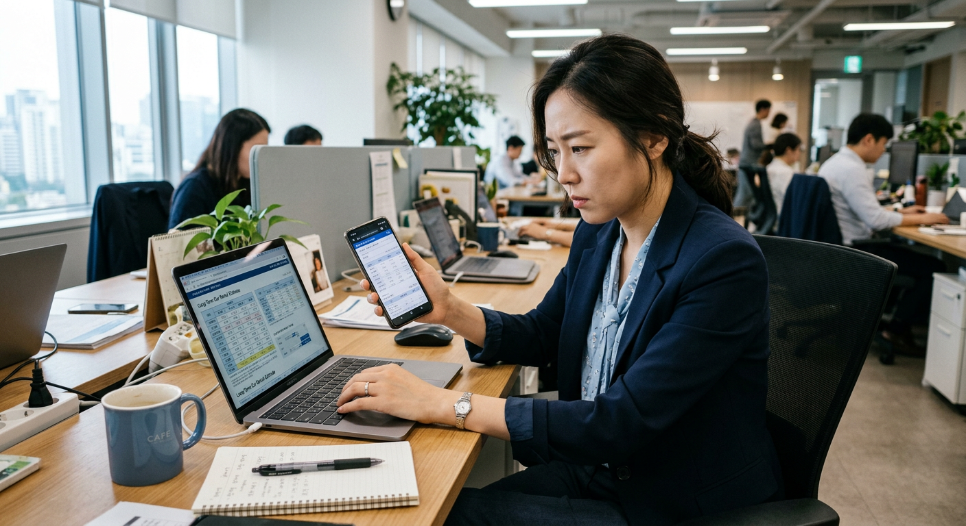 30대 직장인이 책상 앞에서 노트북 화면과 스마트폰의 장기렌트 견적서를 진지하게 비교 분석하는 모습