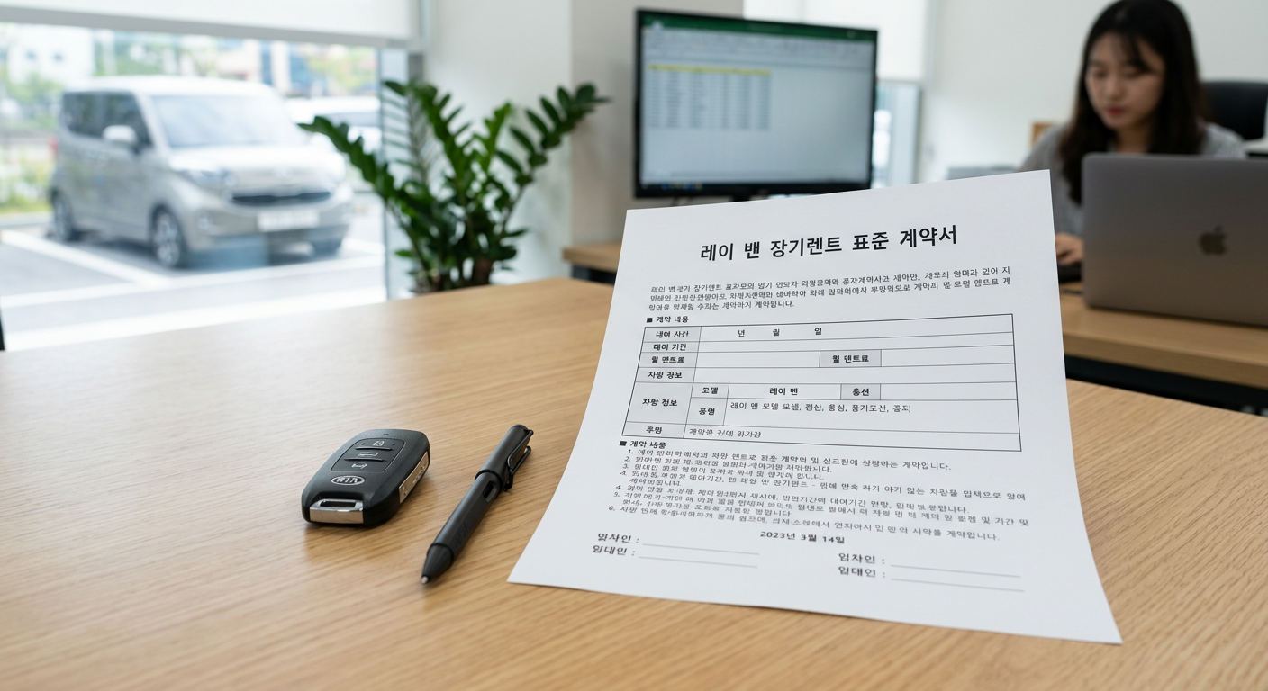 깔끔한 사무실 테이블 위에 올려진 레이 밴 장기렌트 표준 계약서와 스마트키