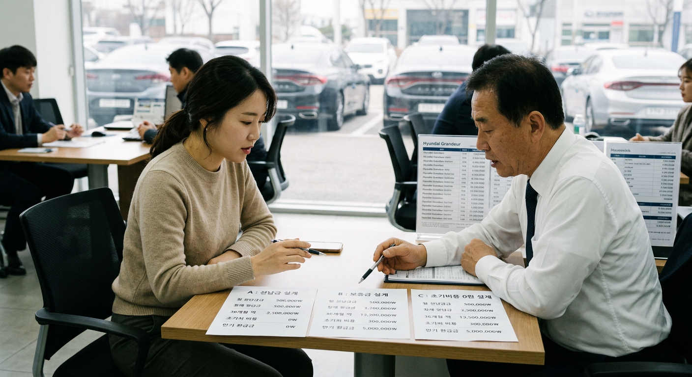 동일 차량 기준 선납금 vs 보증금 vs 초기비용 0원 설계 시 총 지출액 및 만기 환급금 비교 표