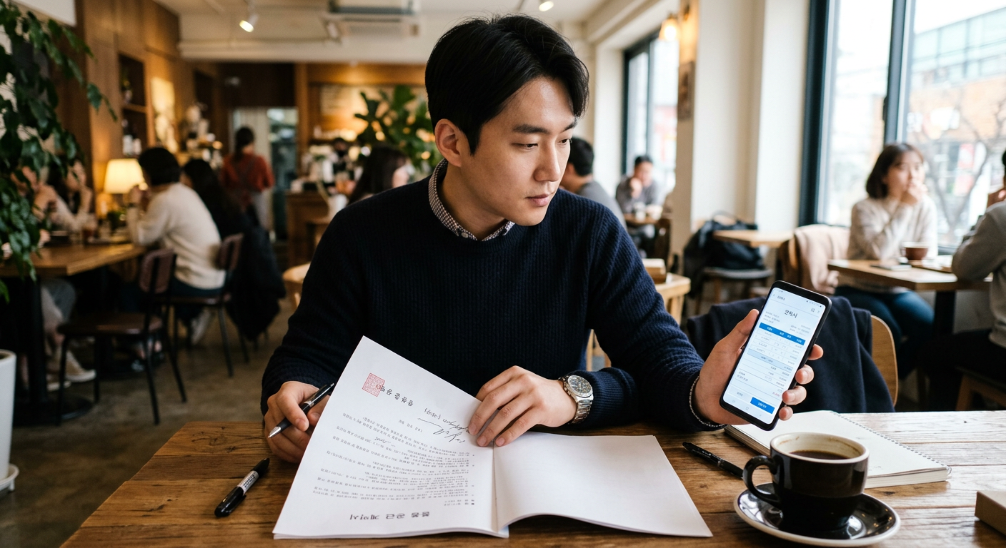 카페 테이블 위에서 계약서와 스마트폰 화면의 견적서를 비교하는 30대 남성의 모습