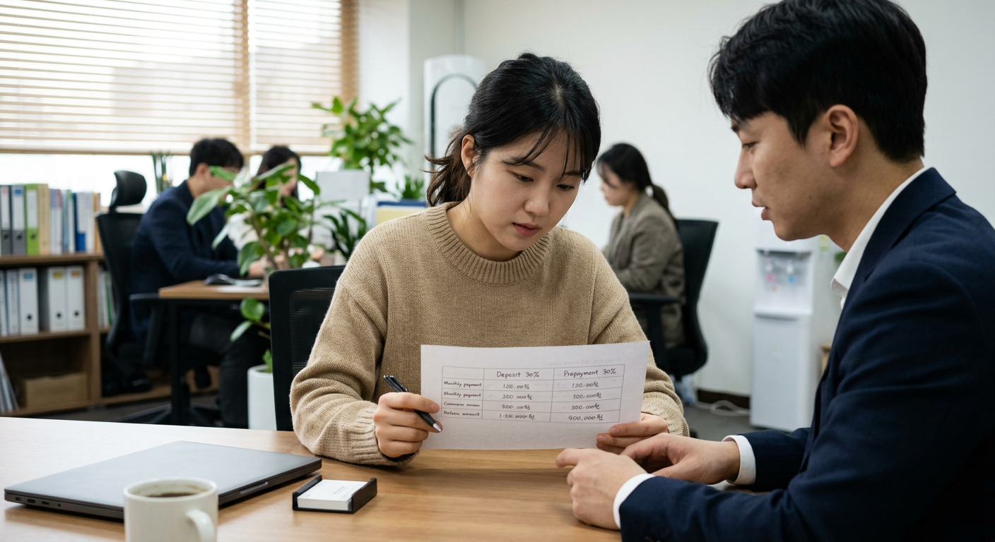 보증금 30% 조건과 선납금 30% 조건 설정 시 월 고정 비용 및 계약 만료 시 반환금 비교 표